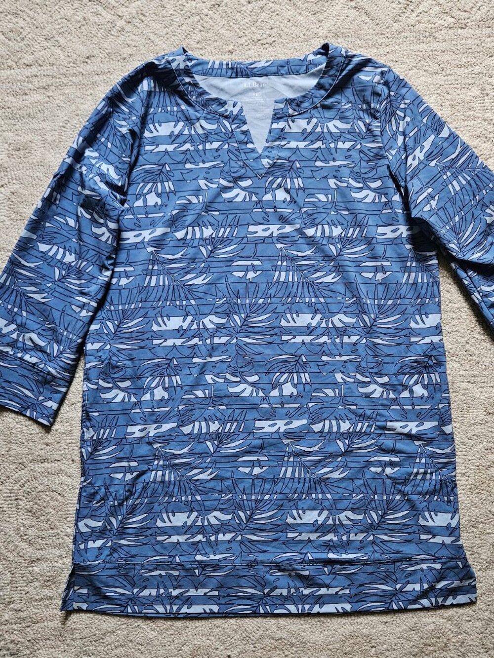 L.L. Bean Swim Pool Cover Up Tunic Dress Large Blue Tropical Print Roll Sleeves